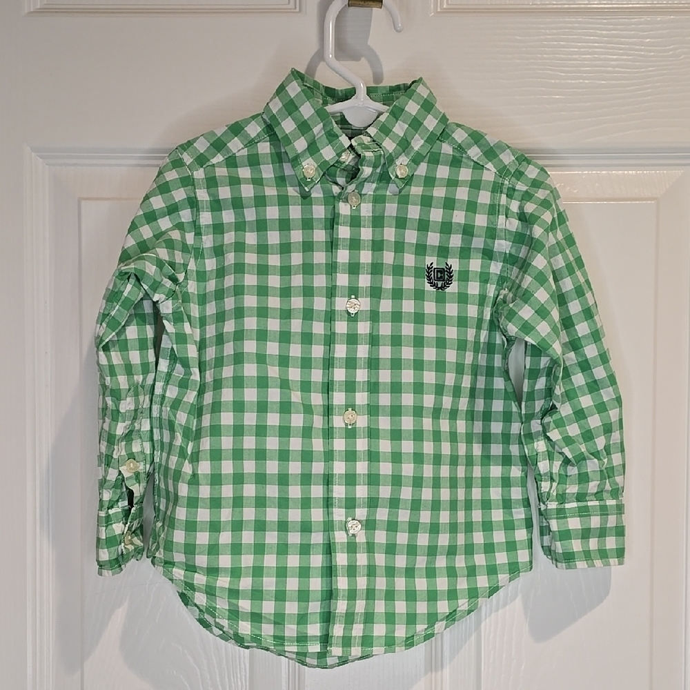 Chaps Green and White Gingham Button Down Shirt Size 2T
